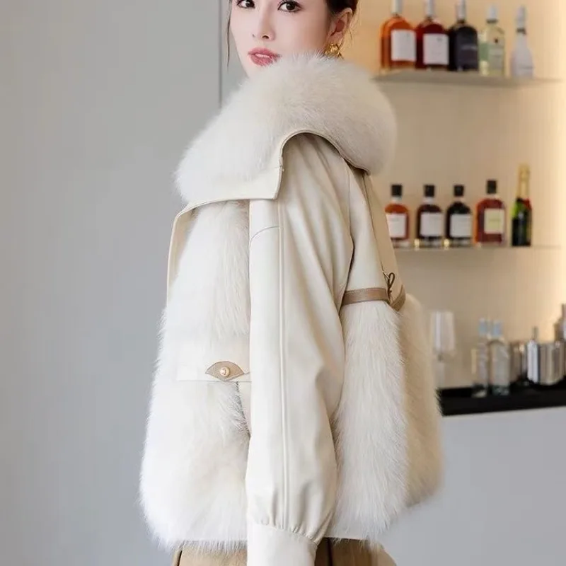 أنيقة كبيرة الفراء طوق مربوط معطف المرأة 2025 مزاجه المألوف شتاء جديد القطن الفراء فتاة سترة #2