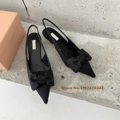 

Bowknot Rhinestone Sandals Women's 2023 Early Spring New Silk Pointed Cat-heeled Women's Shoes Sexy Back Strap High Heels Pumps