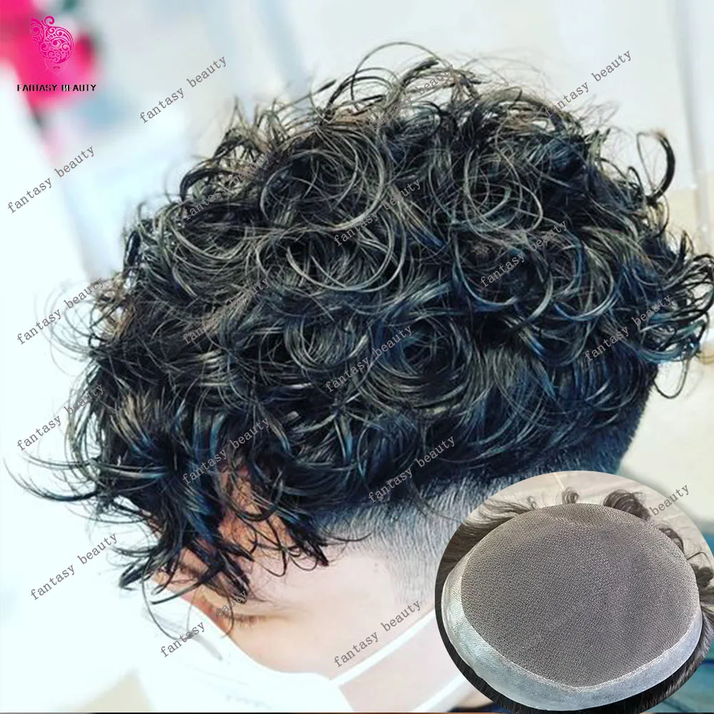 Durable Lace&PU 28MM Curly Human Hair Men's Toupee System 20mm 22mm 24mm Loose Natural Curl 100% Human Hair Replacement Prosthes