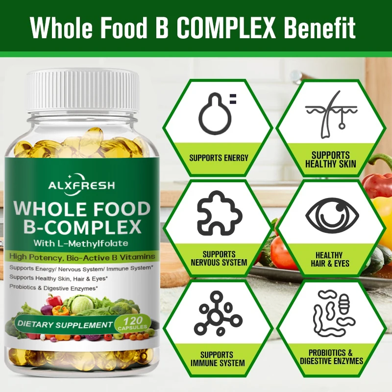 Vitamin B Complex Capsules Relieve Stress and Mood Support Healthy Nervous System and Energy and Hair and Eyes Improve Immunity