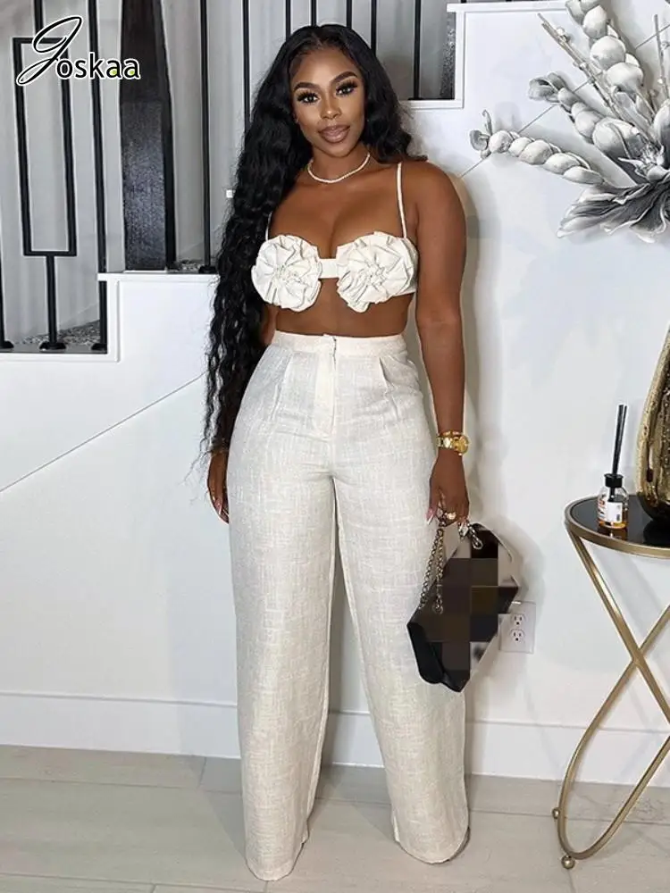 

Joskaa Elegant 2 Piece Sets Women Sexy 3D Flower Crop Camisole and Straight Leg Pants Matching 2025 Summer Vacation Streetwear