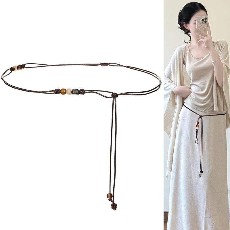 

Women's Bohemian-Style Vintage Belt Beadwork Design Spicy Girl Dress with Waist Tie Adjustable for Use Subculture Belt