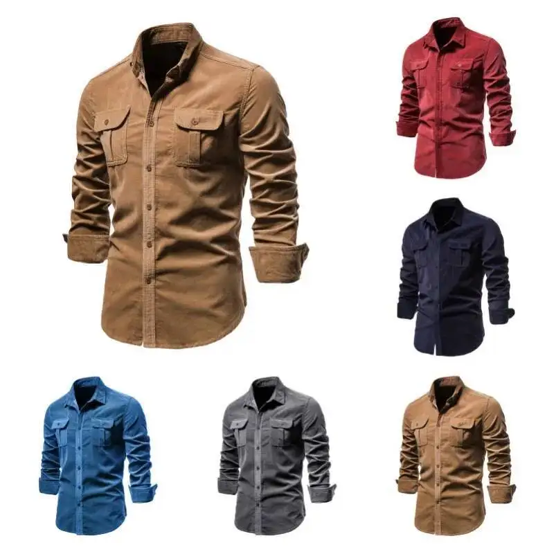 

Quality New Single Breasted 100% Cotton Men's Shirt Business Casual Fashion Solid Corduroy Men Autumn Slim Dress Shirts