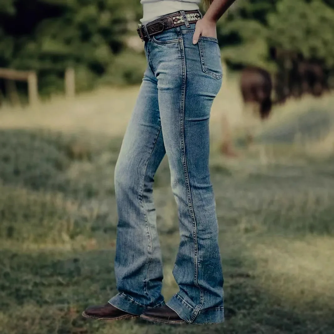 스트레이트 팬츠 청바지 여성 빈티지 워싱 플로어 길이 미드 웨이스트 포켓 여성 스트리트웨어 베이직 데님 바지 디스트레스드