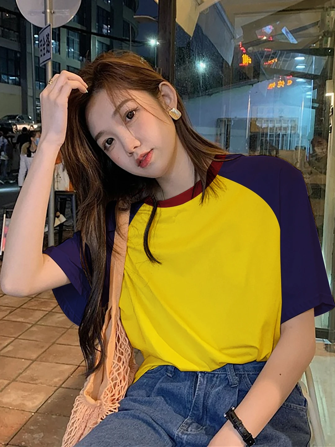 Loose Fit Korean Style Short Sleeve T-Shirt Women's Summer New Fashion Design Color Block Pure Cotton Top Moisture Wicking