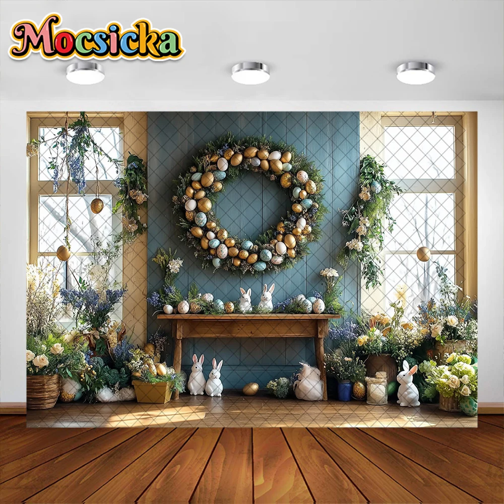 Fondo de fotografía de Pascua de primavera, guirnalda de conejito bonito, decoración de huevos, retrato de vacaciones para Baby Shower, accesorios de estudio