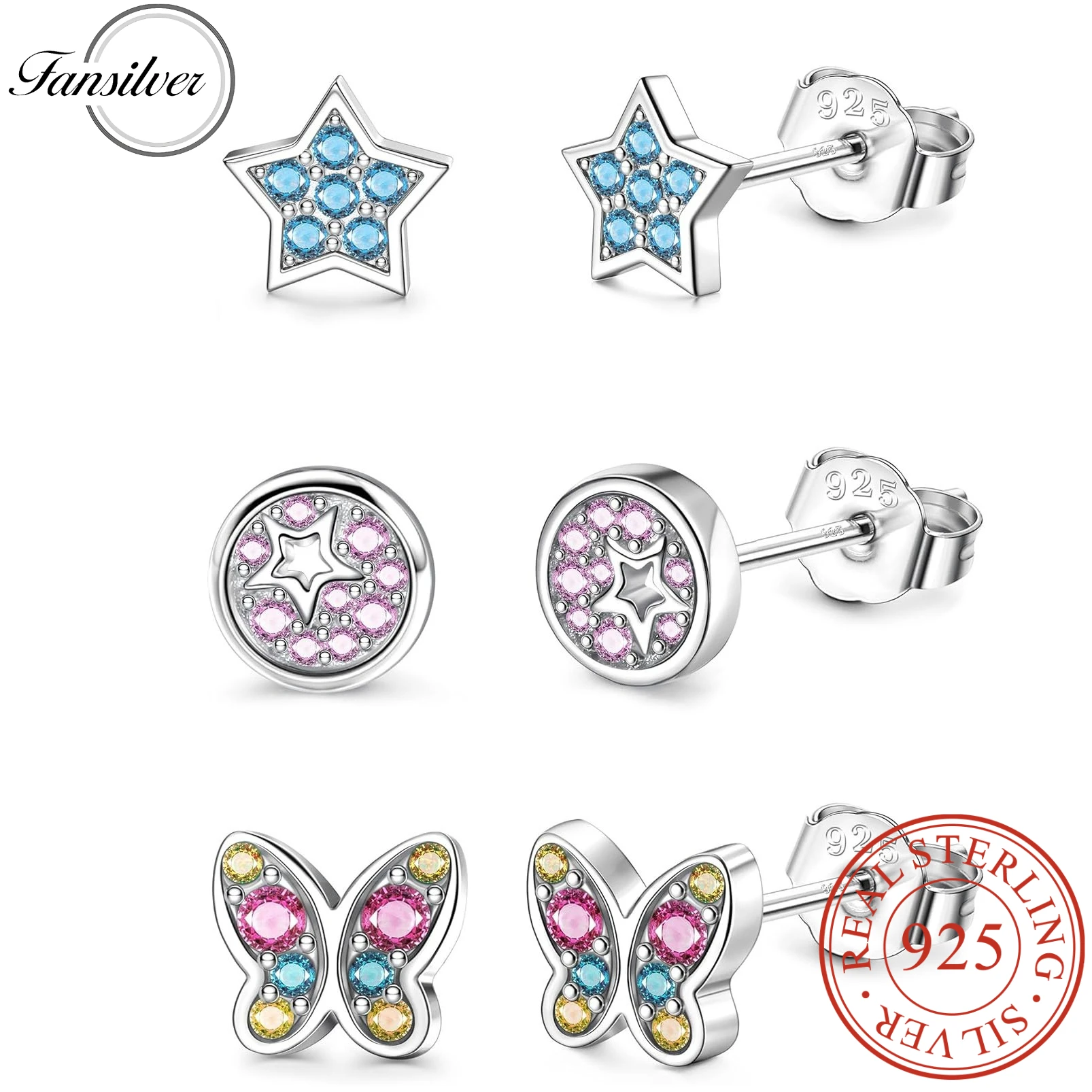 

Fansilver 3Pairs 925 Sterling Silver Studs Earrings Set for Women Butterfly Heart Flower Cubic Zirconia Cartilage Studs Earrings