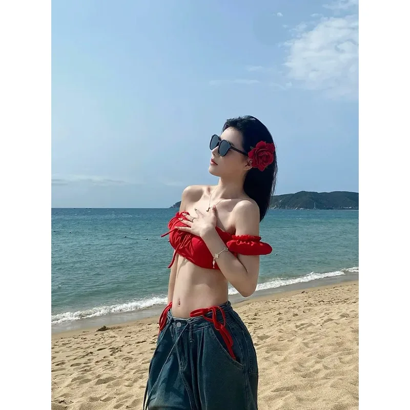 Womens Off Shoulder Ruched Bikini Set Padded Two Piece Swimsuit Solid Red Beach Bathing Suit
