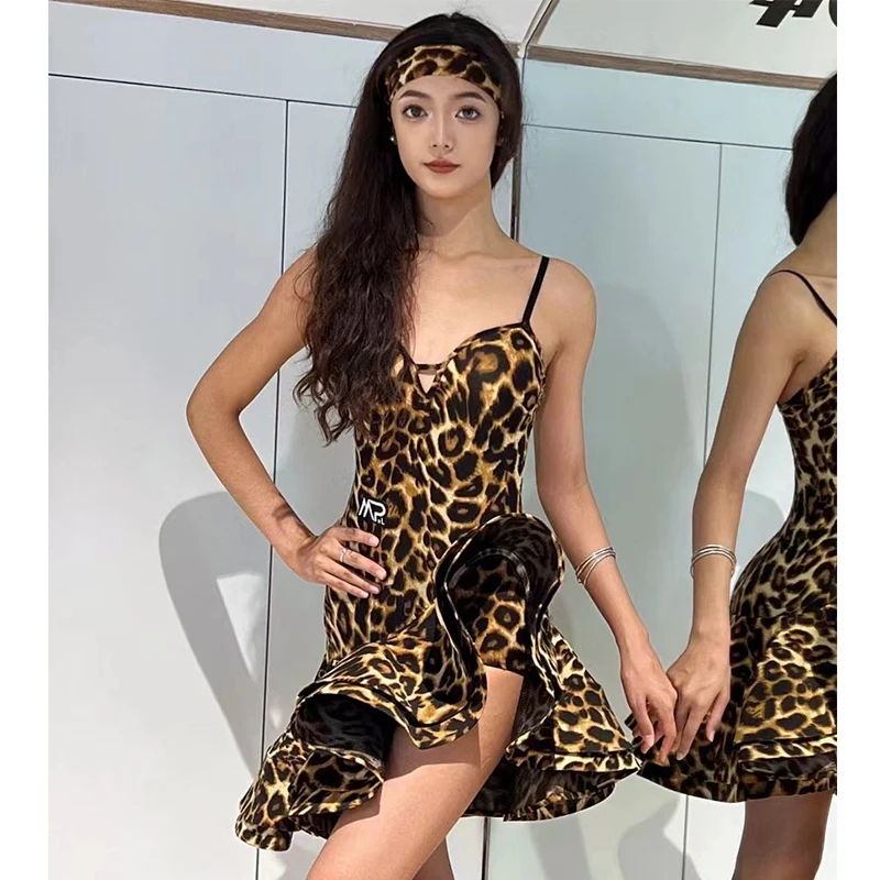 Sexy Latin Dance Clothes Leopard Dress Women Performance Dancewear Adult Cha Cha Rumba Dance Costume Competition Dress DNV20881