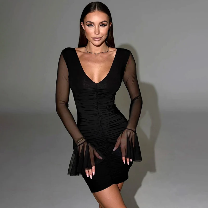 

Womens dress summer trend 2025 new in Long sleeve Short dresses party sexy bodycon tight Pleated solid black mini free shipping