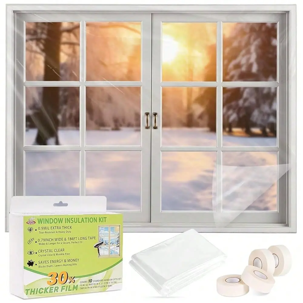 Fenster-Isolierungsset, Hochleistungs-Winterschrumpffolie 0,9 Mil, Innenfensterabdeckung aus Kunststoff mit breitem Klebeband, isoliert 10 Fenster