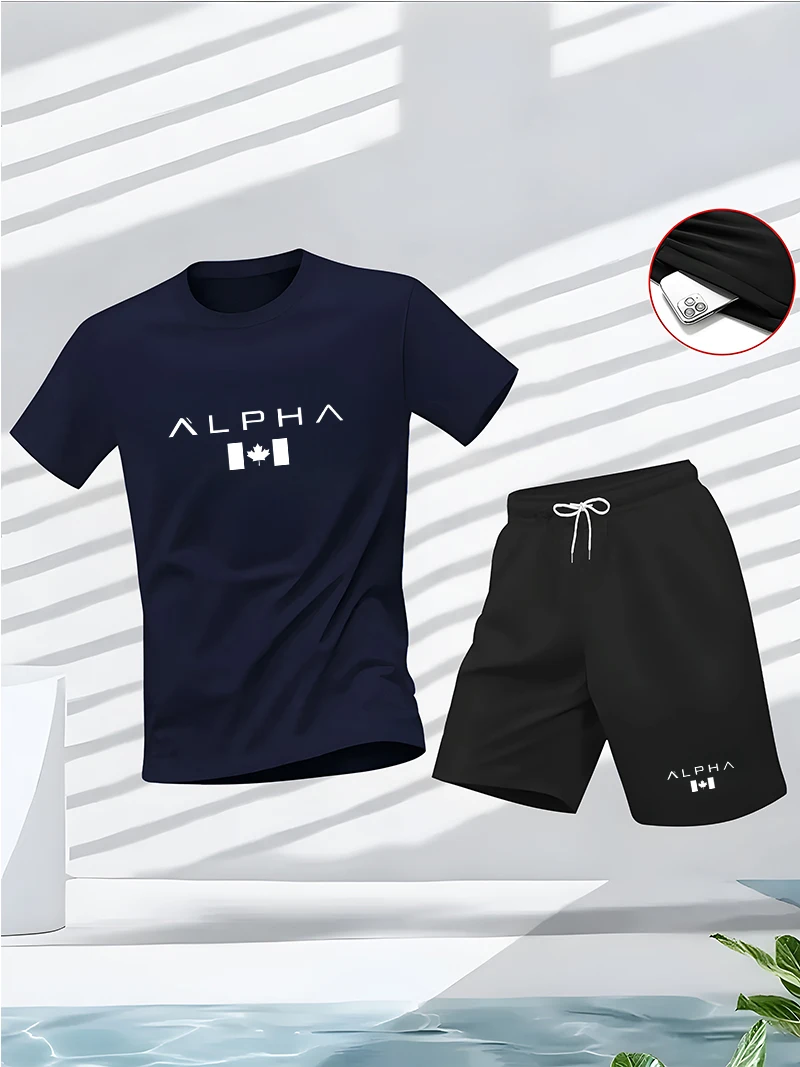Men's summer fitness and sportswear set, round-neck short-sleeved T-shirt fashionable and casual view 2