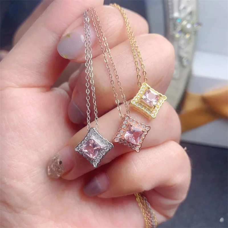 

Legit Original Real 925 Sterling Silver Necklace Pendant for Women Girl Natural Morganite Pink Square Shape