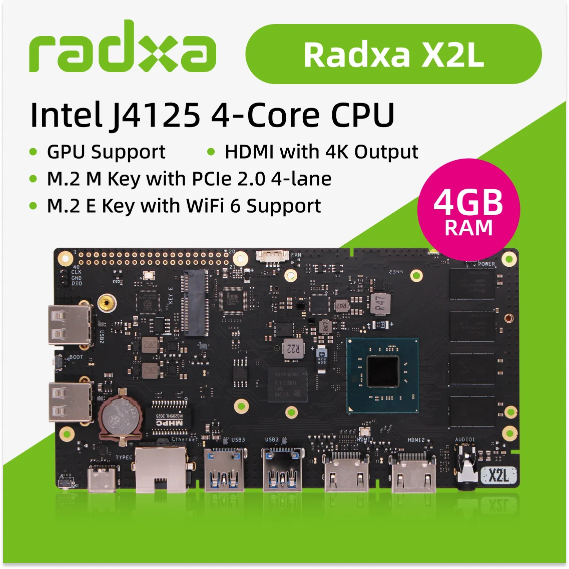 

Radxa X2L 4GB Intel J4125 4-core CPU SBC, GPU, HDMI with 4K Output, M.2 M Key Connector with PCIe 2.0, Single Board Computer