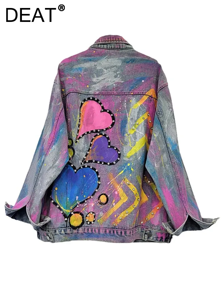 DEAT Women Denim Coat Colorful Heart Shaped Graffiti Hand Drawn Diamonds Single Breasted Jackets 2024 Autumn New Fashion 29L7873