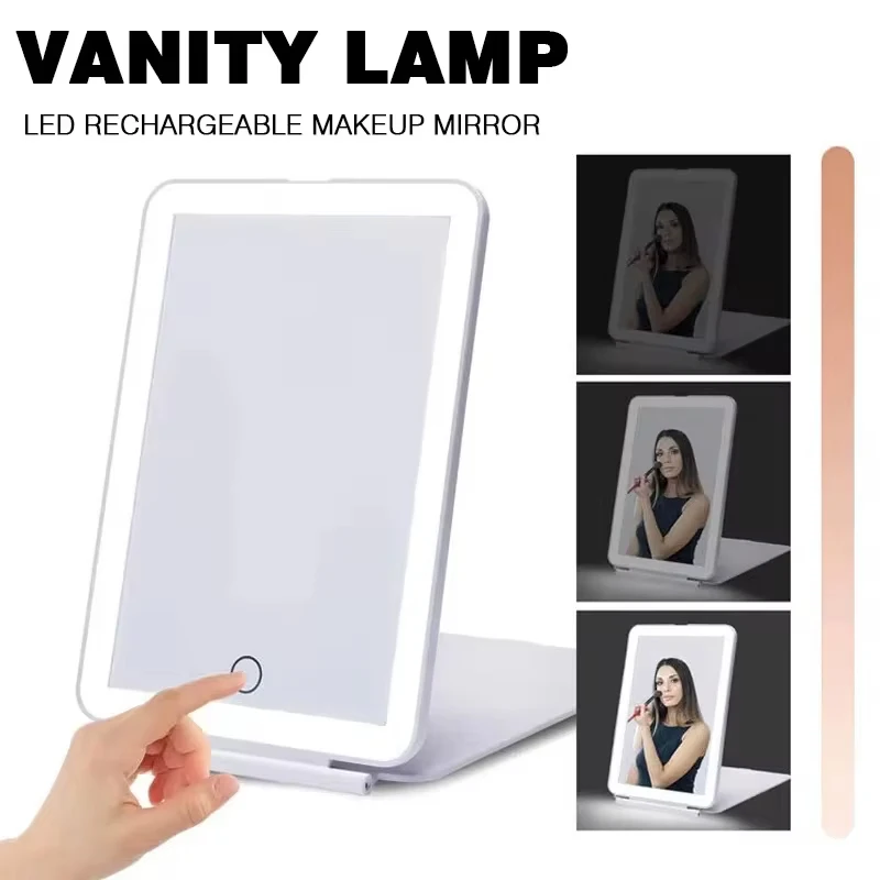 LED Foldable Travel Makeup Mirror 3 Colors Light Modes USB Rechargeable Touch Screen Portable Tabletop Cosmetic Lighted Mirror