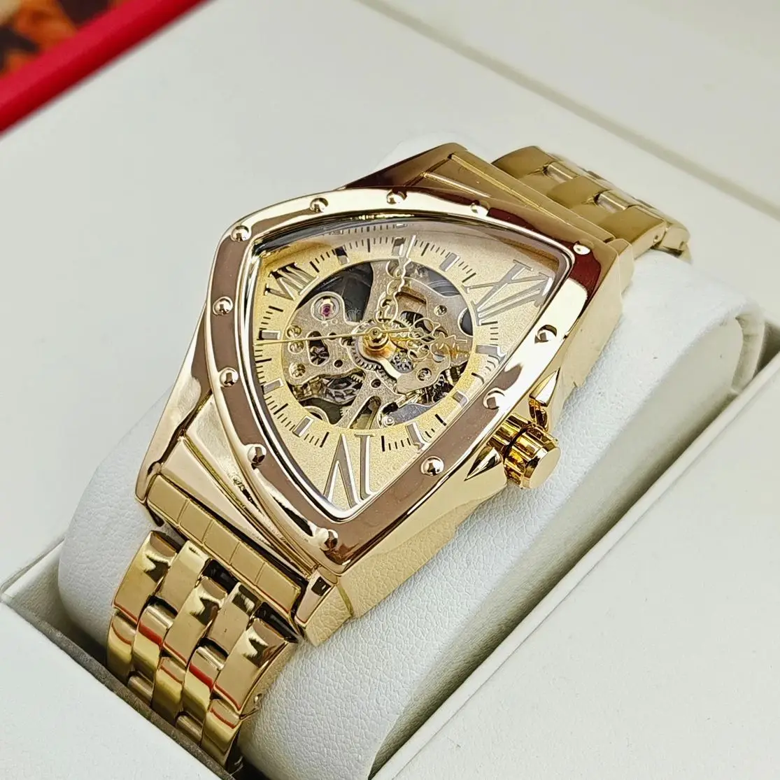 Top Luxury Triangular High-End Stylish Business Men's Watch, Fully Automatic Mechanical Watch, Skeleton Design, Waterproof, Steel Band, Unique and Cool Street Fashion Men's Wristwatch