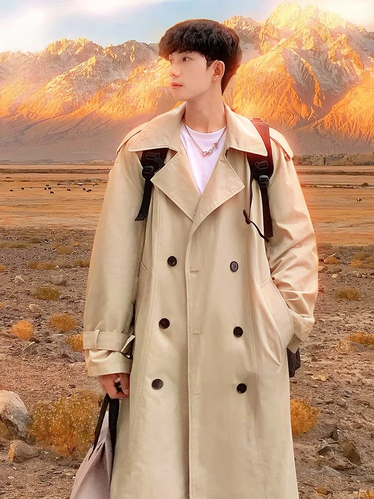 

Rampo Autumn Knee-Length Men's Coat Casual Mid-Length Double-Breasted Loose Sle Hong Kong Sle Trendy Outerwear