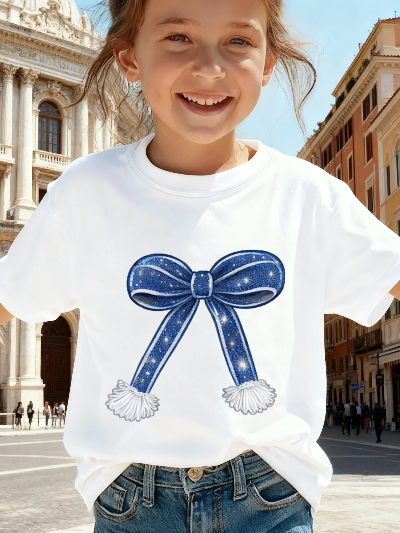 New Children's Fun Blue Knot Pattern T-Shirt, Kids' Daily Casual O-Neck Short Sleeve Tee, Spring/Summer Home & Outdoor Holiday Apparel, Simple Versatile Harajuku Style Clothing