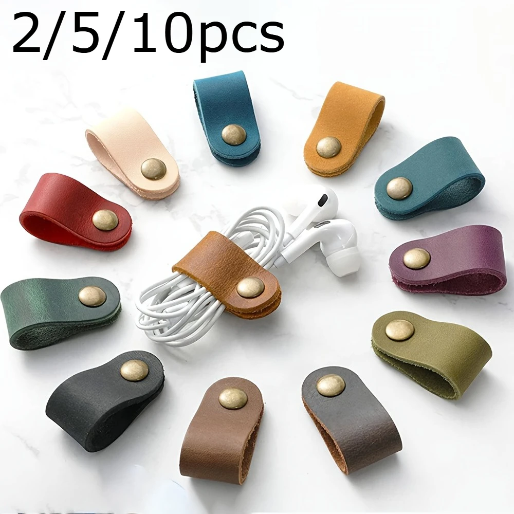2/5/10pcs random color PU Leather Data Cable Earphone Cable Leather Tie, Without Battery, Assorted Colors, Durable & Flexible