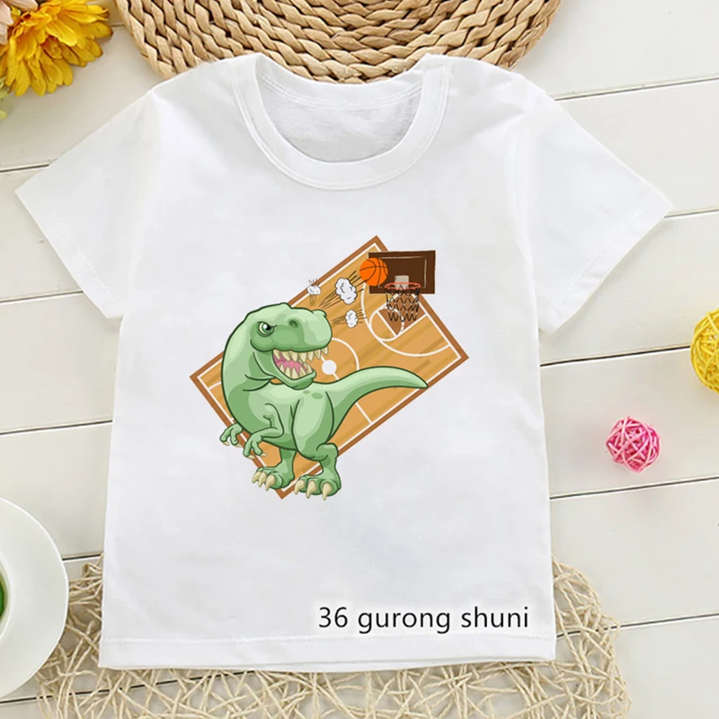 Dino Playing Basketball Graphic Print Tshirt Girls/Boys Kawaii Kids Clothes Funny Summer Fashion T-Shirt Harajuku Shirt