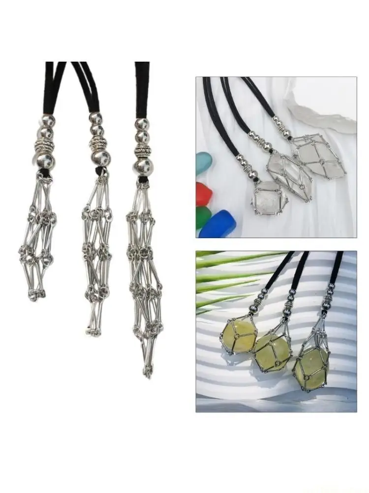 

D46E Регулируемая кожаная веревка с пустым камнем-держателем, ожерелье с кристаллической клеткой, цепочка с сетчатым кулоном,