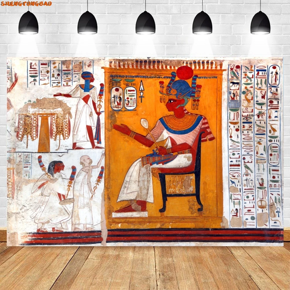 Toile de fond de motif de fresque d'Egypte de prairie, pharaon égyptien vintage, figure d'Anubis, religion, décor de mur intérieur, fond de photographie