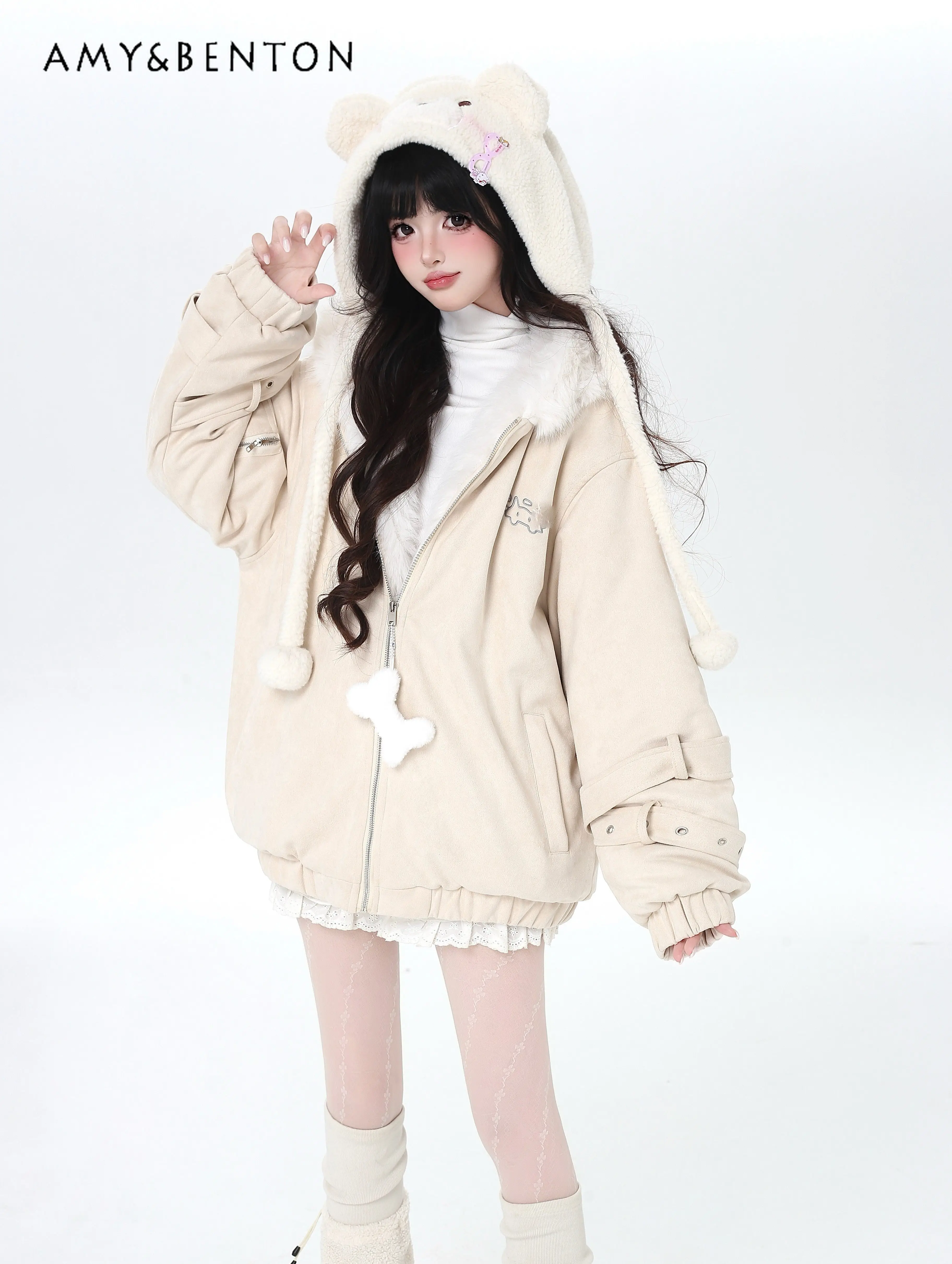 

Winter Japanese Style Sweet Cute Blue Pink Apricot Loose Versatile Casual Warm Plush Cat Ear Hooded Cotton Jacket