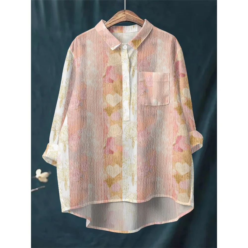 قميص نسائي أزرق أبيض مطبوع عليه زهور بأكمام طويلة نصف زر للأسفل مع حاشية غير متماثلة، قطع علوية فضفاضة ناعمة قابلة للتنفس