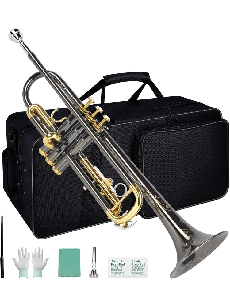 Bb Trumpet Standard Trumpet Set with Carrying Case,Gloves, 7C Mouthpiece, Cleaning Kit, Tuning Rod, Black Nickel,Hand