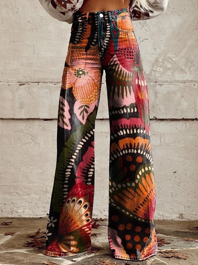 New Vintage Gradient Imitation Jeans Women's Wide Leg New Fashion High Waist Casual Retro Punk Women 3D Printed Imitation Jeans