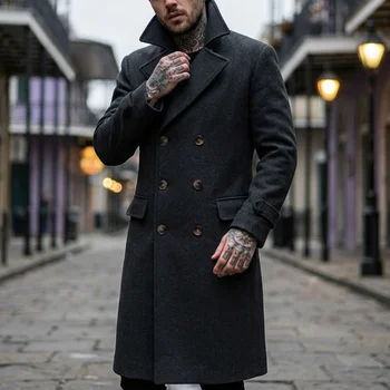 Men's Solid-Color Double-Breasted Long Trench Coat 6 New Men's Solid Color Trench Coat Double Breasted Long Coat Street Wear Knee Trench Coat Business Casual Men's Officewear Jacket 6