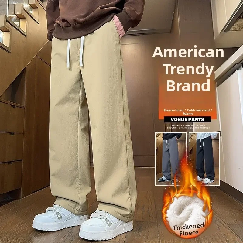

Winter Men's Straight Leg Pants Lamb Velvet Lined Casual Comfortable High Waist Thickened Cotton Sweatpants Elastic Trousers