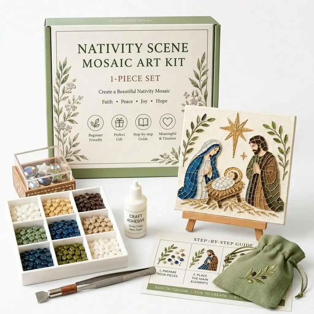 Christian-Themed Sea Glass Art Kit • 3D DIY Nativity Mosaic Craft • Religious Home Decor • Faith-Based Gift for Adults & Beginne