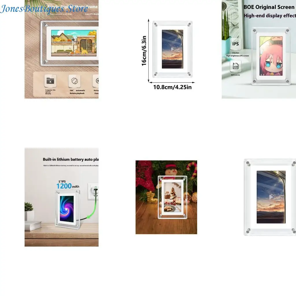 

5 -дюймовая автоматическая вращающаяся цифровая фотомама с батареей 1200 мАч и USB C Зарядка акриловая рабочая рама цифровой