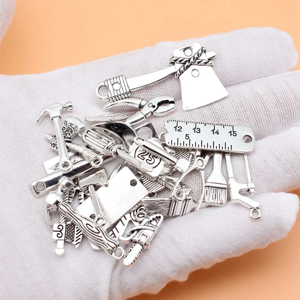 

Jewelry Making Antique Silver Color Tools Chainsaw Ax Hammer Screwdriver Pliers Ruler Charms Collection Crafts Decoration 25pcs
