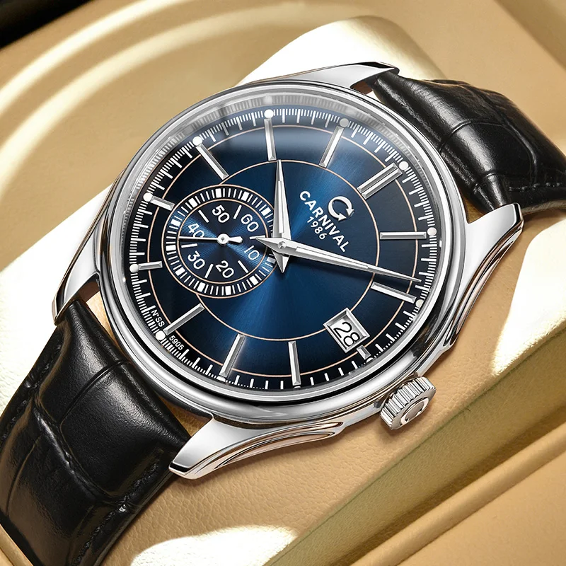 

Часы CARNIVAL Blue Small Seconds, автоматические механические часы для мужчин, высококачественные мужские часы, сапфировое стекло, кожаный ремешок, светящиеся стрелки.