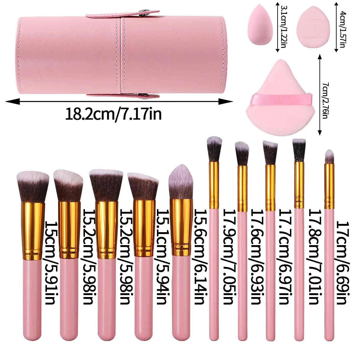 17PCS Pink multi-functional makeup brush set + triangular powder puff + mini sponge egg/fingertip powder puff + storage bucket