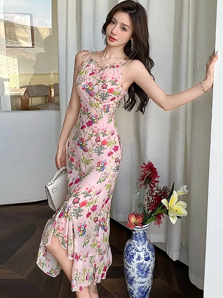 2025 pint Floral Chic à volants fronde Sexy longue robe femmes élégant décontracté plage Style robe été coréen moulante une pièce robe