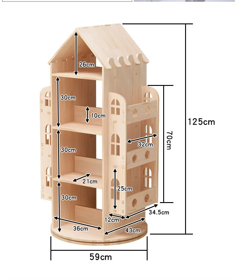 360 degree solid wood children's rotating bookshelf, ground to ground student picture book shelf, simple multi-layer living room