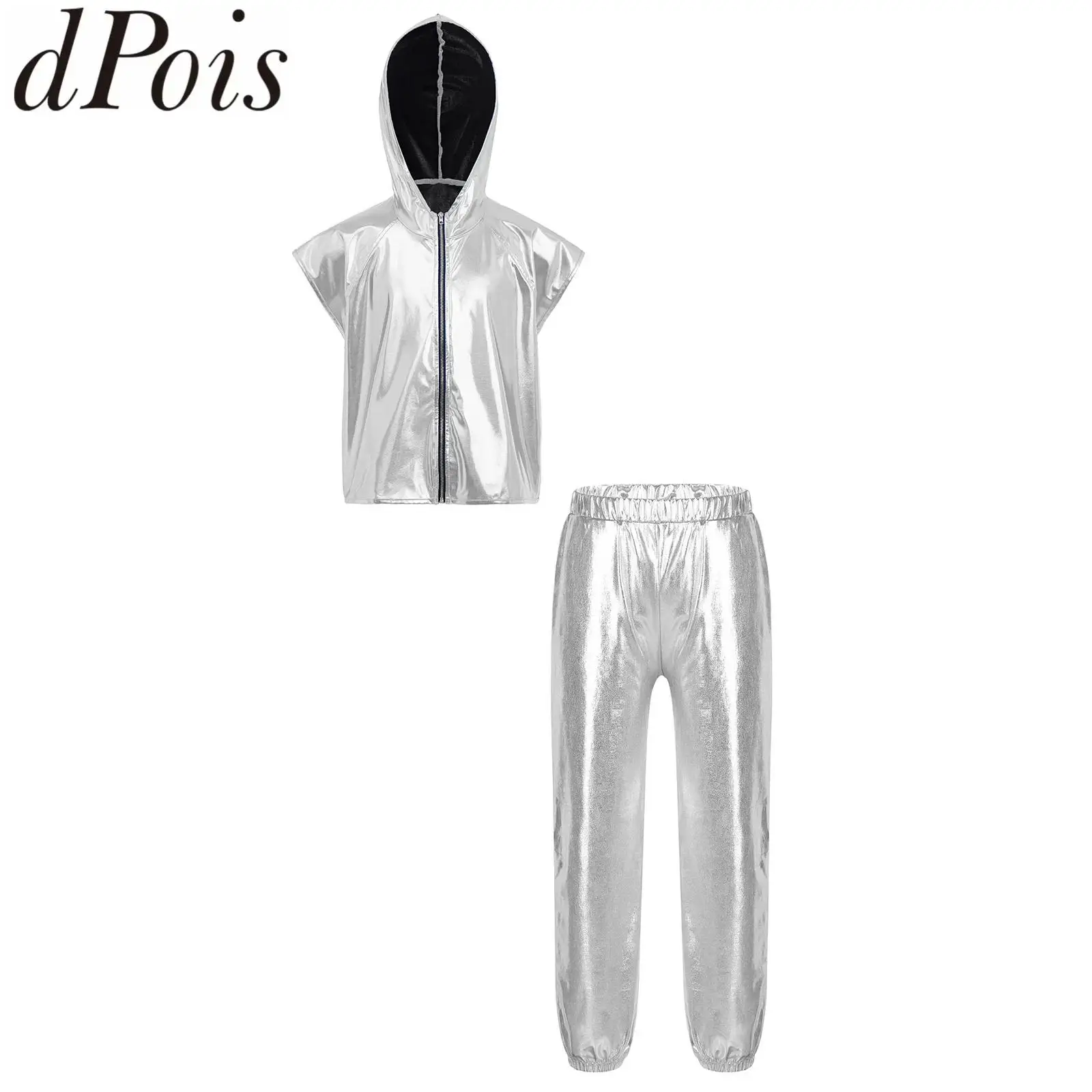 

Kids Girls Boys 2pcs Jazz Street Modern Dance Outfit Team Performance Costume Sleeveless Zipper Metallic Hooded Vest with Pants