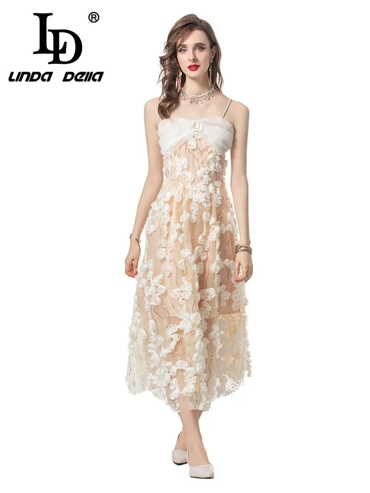 

LD LINDA DELLA 2024 New Style Runway Designer Dress Women's Net Yarn Flowers Appliques Sequins Embroidery Spaghetti Strap Dress