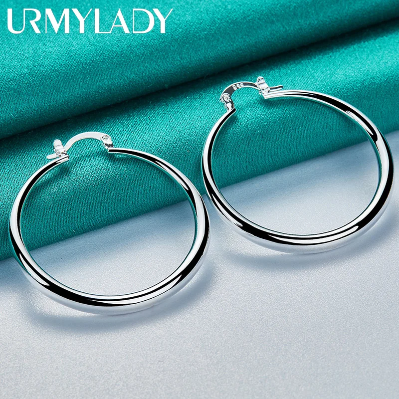 

URMYLADY 925 Sterling Silver 40mm Smooth Round Earrings For Women Wedding Party Fashion Gift Jewelry
