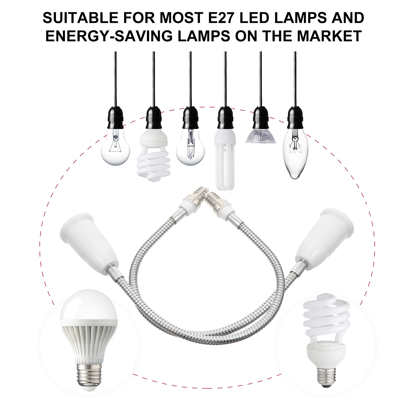 

2Pcs Soft Tube Light Head Extender 39.5cm Bendable Lamp Holder Adjustable Directional Floodlight Socket Easy Install No Fire