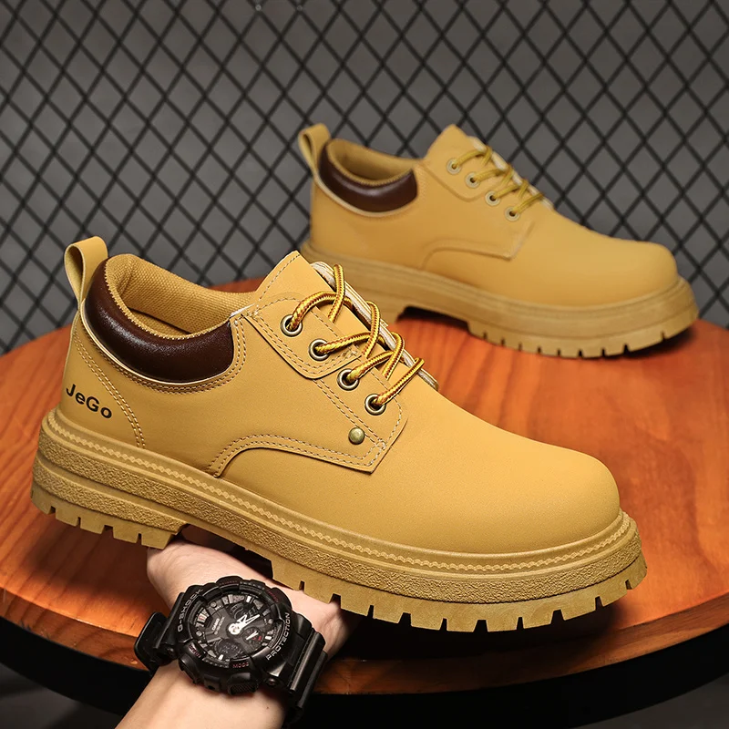 2023Mens Shoes Yellow Rubber Sole Slip Resistant Outdoor Shoes For Man Microfiber Lace Up Mens Work Shoes Soft Collar Foam