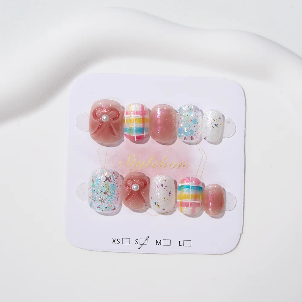 

10pcs Handmade Press on Nails Colorful Sparkling Bows Sequins Full Coverage Nail Piece for Women&Girl Detachable Wearable Nail
