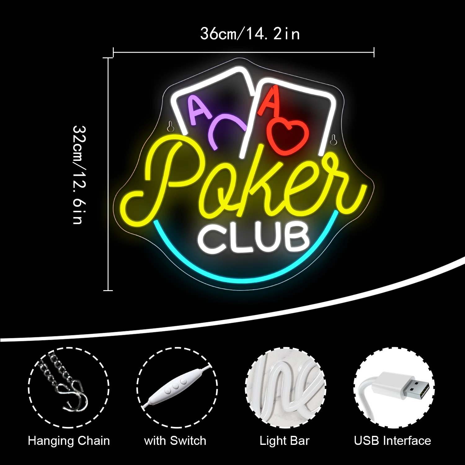 Poker Club Neon LED Sign, Luzes Reguláveis, Jogo de Cartas, Decoração do quarto, Bar Club Gaming Zone Art, USB Powered