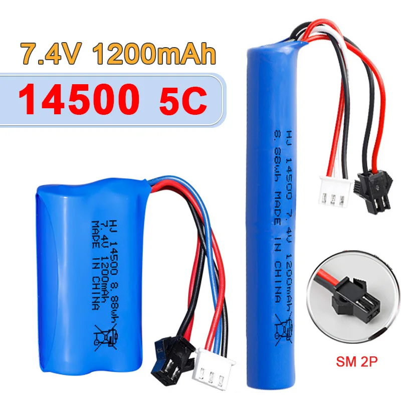 7,4 V 1200 mAh 14500 Lithium-Ionen-Akku Sm-2P für elektrische Wasserpistole, Spielzeug, ferngesteuertes Autozubehör + USB-Ladeleitung