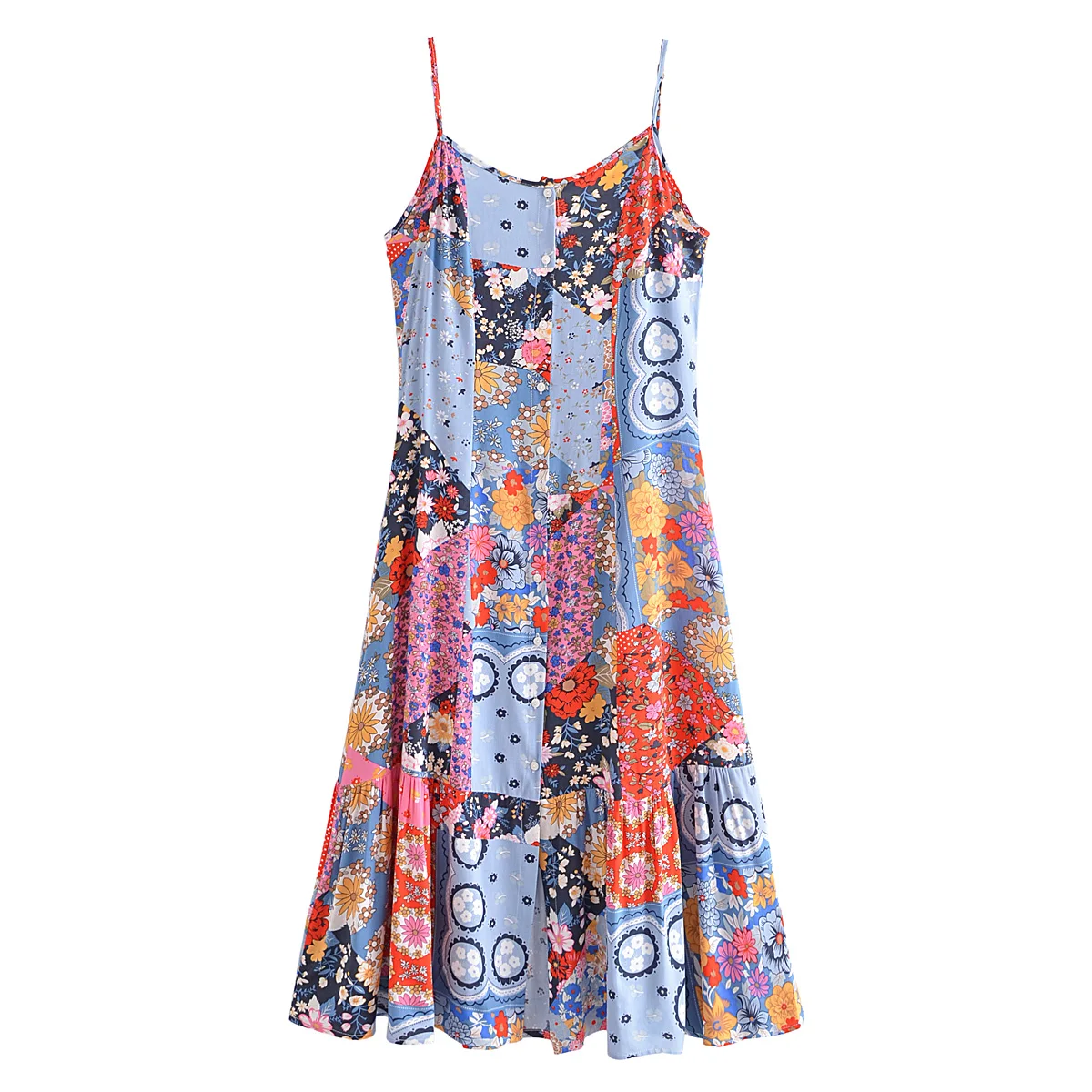 2023 BOHO Contrast Color Flower Print Midi Long Sling Dress Hippie Women Single-breasted Buttons Ruffles Hem Slit Robe Holiday
