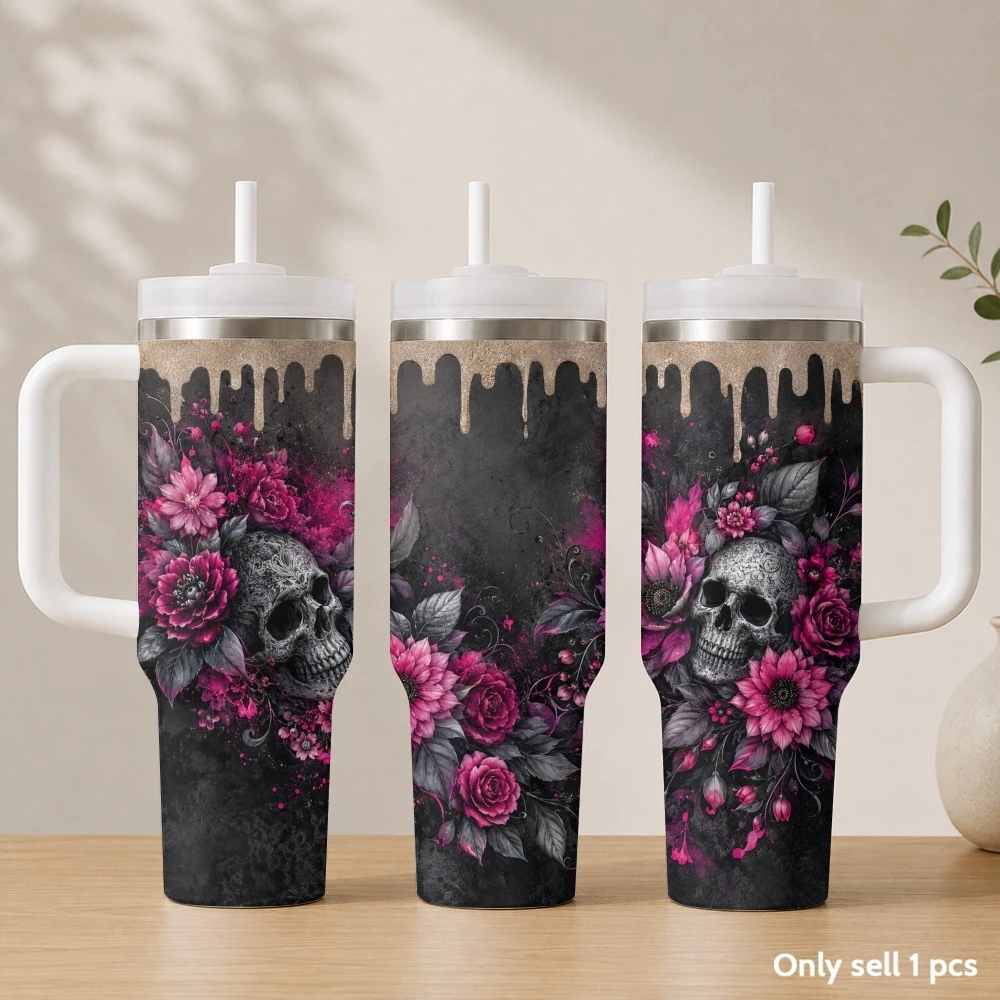 Gothic dark skeleton Vacuum Flasks 40oz Stainless Steel Insulated Tumbler with Handle & Straw Leakproof Travel Mug